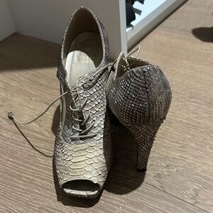 Stuart Weitzman Snakeskin Lace-Up Peep-Toe Heels